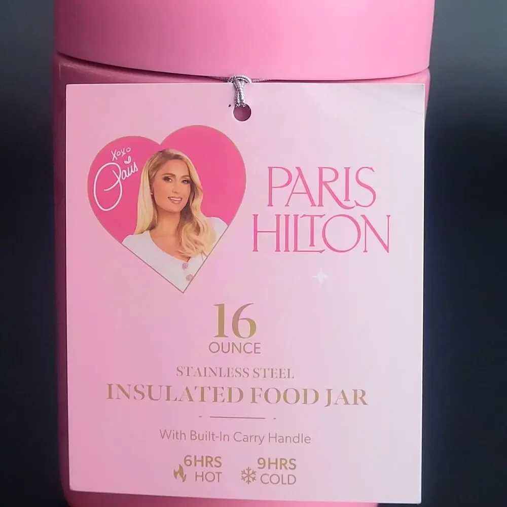 Paris Hilton 16 oz Pink Insulated Food Jar Shimmer Fairy Princess Hearts NEW‎